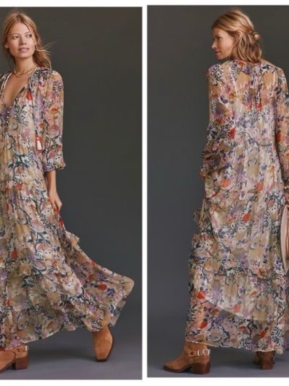 Anthropologie Neutral Floral Maxi Dress with Orange and Owl accents